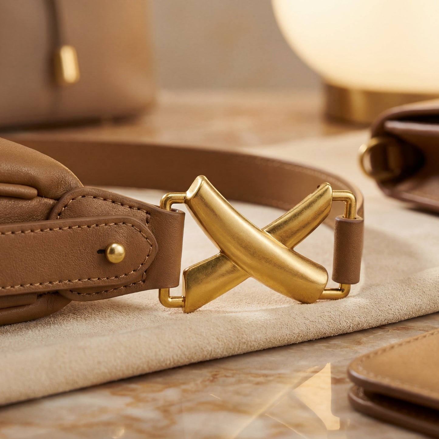 Brown leather belt with a gold buckle on a beige surface