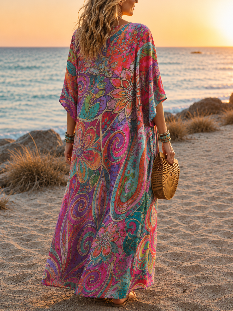 Vintage Boho V-Neck Beach Maxi Dress for Women