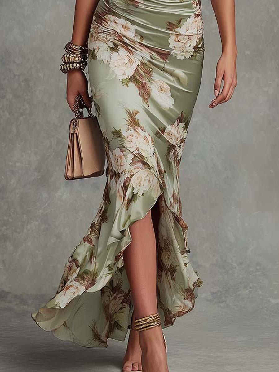 Woman wearing a floral dress with a neutral background