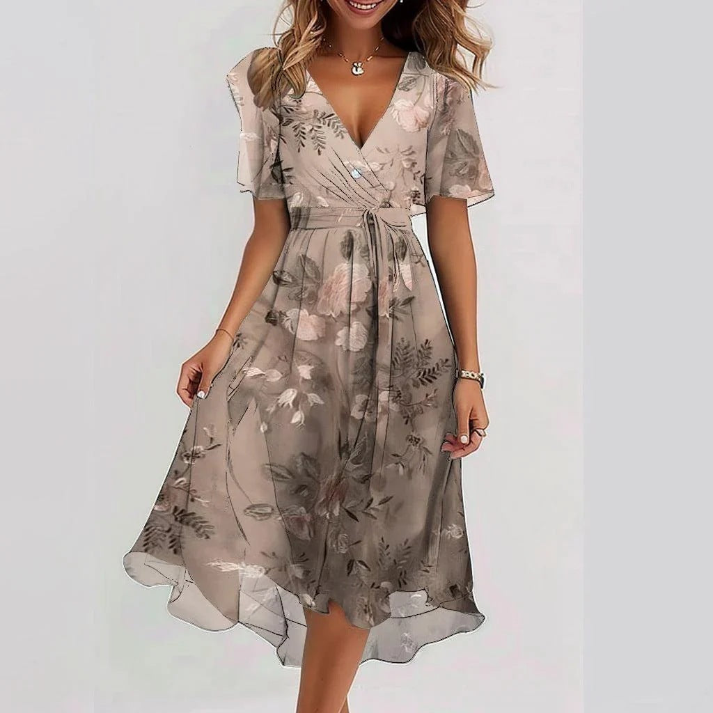 Woman wearing a floral dress on a white background