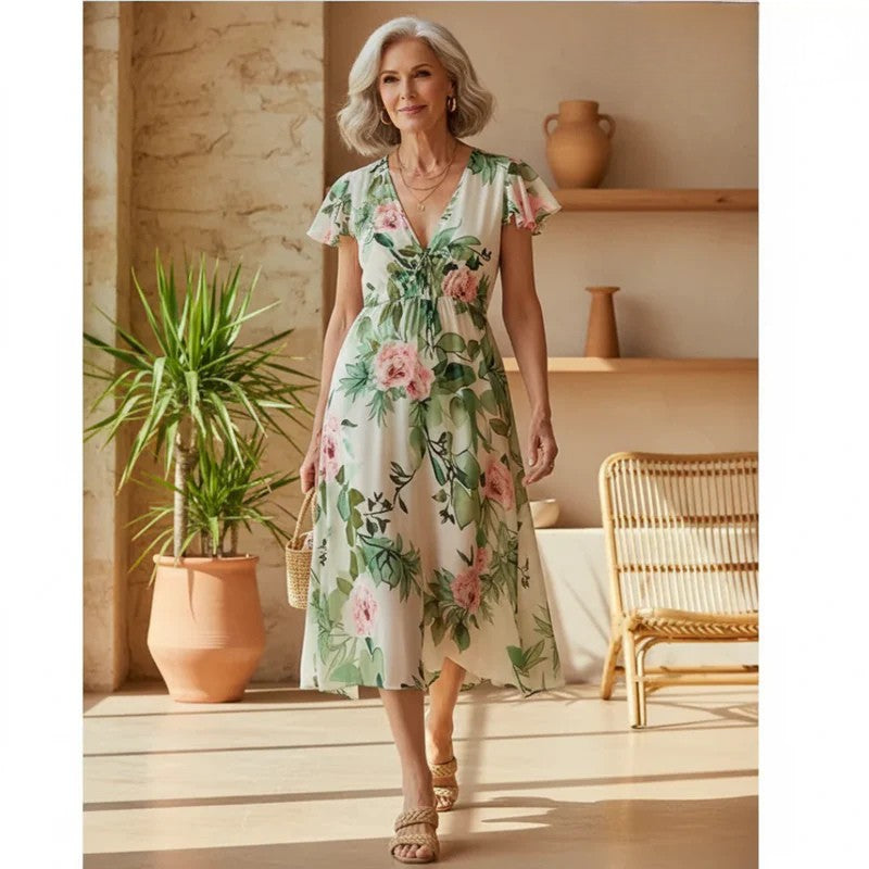 Woman wearing a floral dress in a warm-toned interior setting