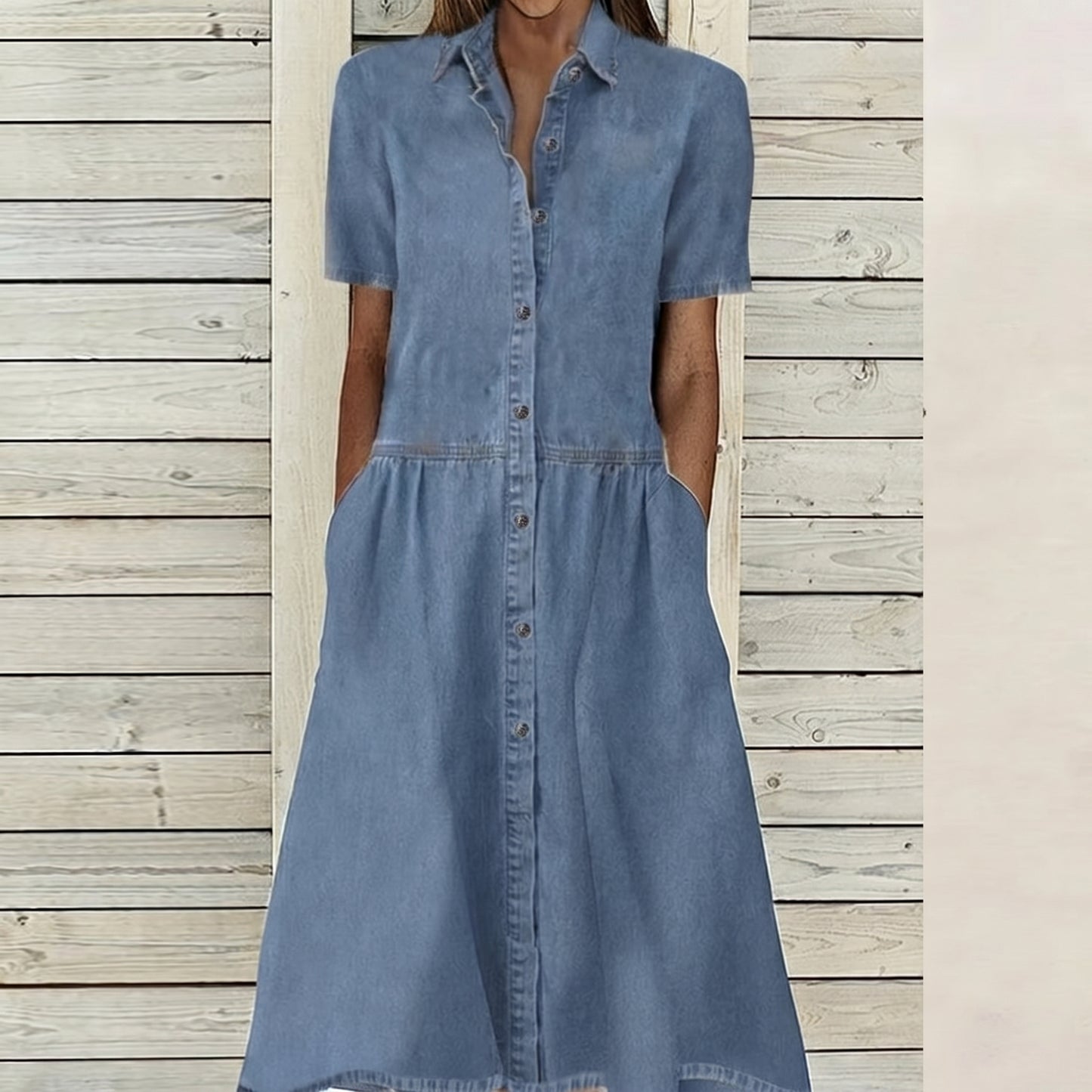 Woman wearing a blue denim dress against a wooden background