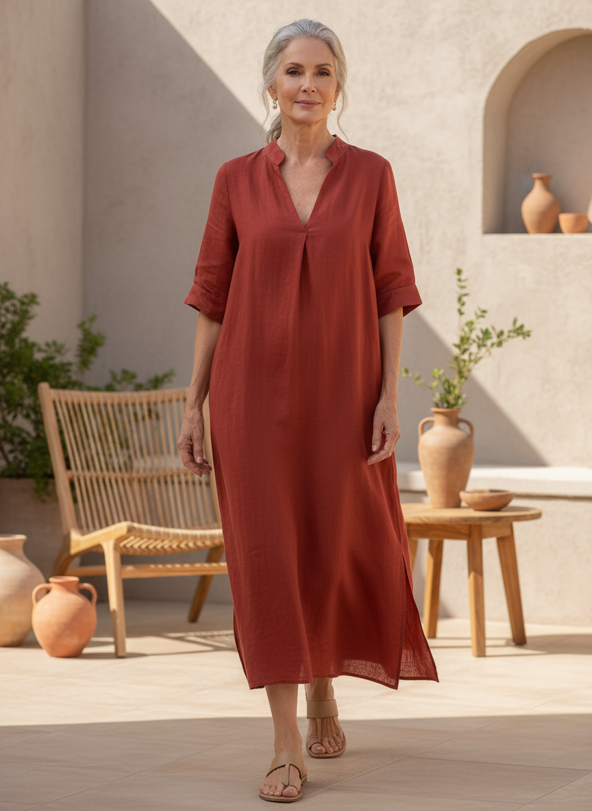 Woman in a rust-colored dress standing in an outdoor setting with plants and a chair.