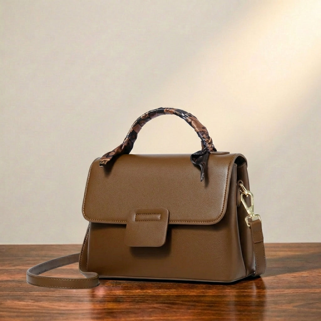 Brown leather crossbody bag with a structured top handle and flap closure, resting on a wooden surface against a neutral background.