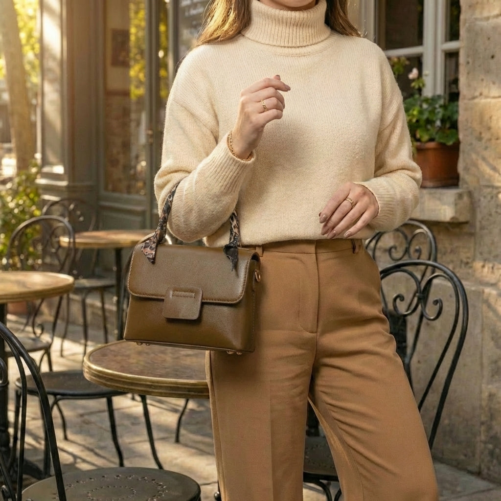 Woman wearing brown leather top-handle bag, standing at an outdoor cafe.