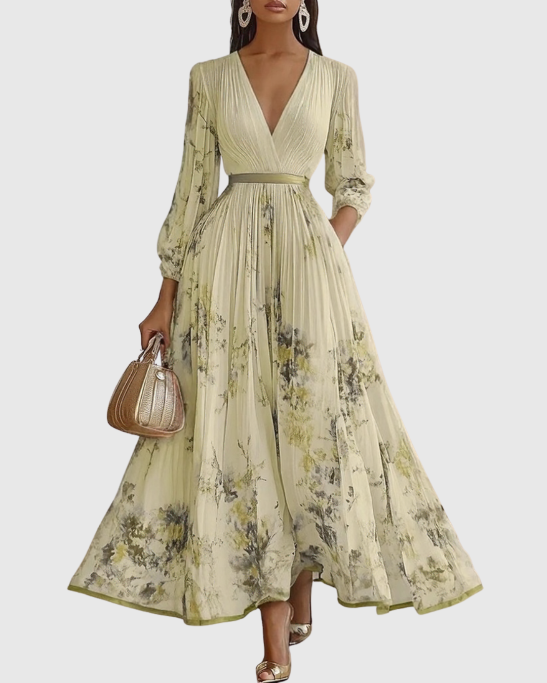 Woman wearing a floral dress with long sleeves on a white background