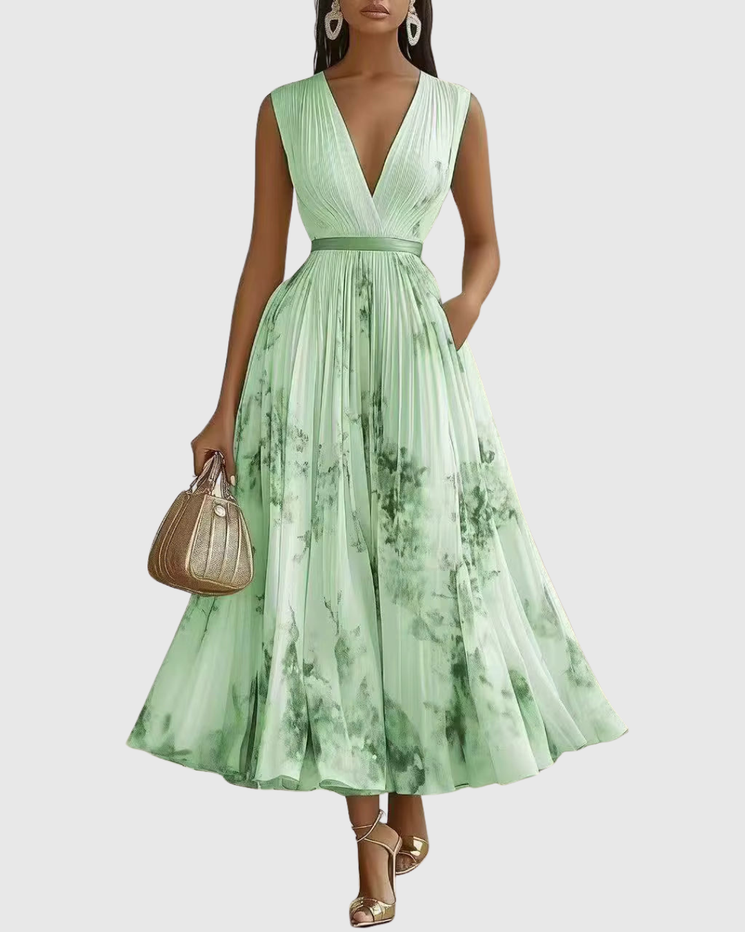 Woman wearing a green floral dress holding a handbag on a white background