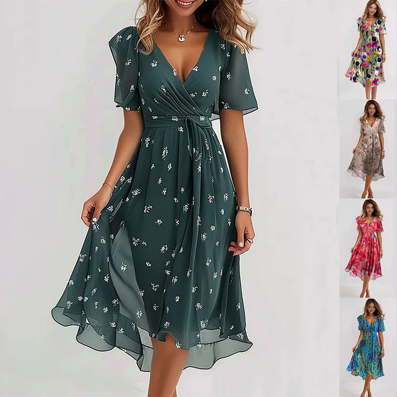 Woman wearing a green floral dress with inset images of other dresses.