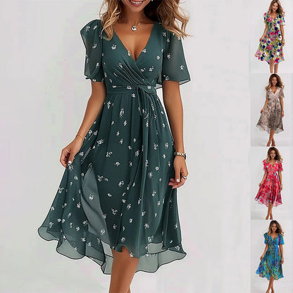 Woman wearing a green floral dress with inset images of other dresses.