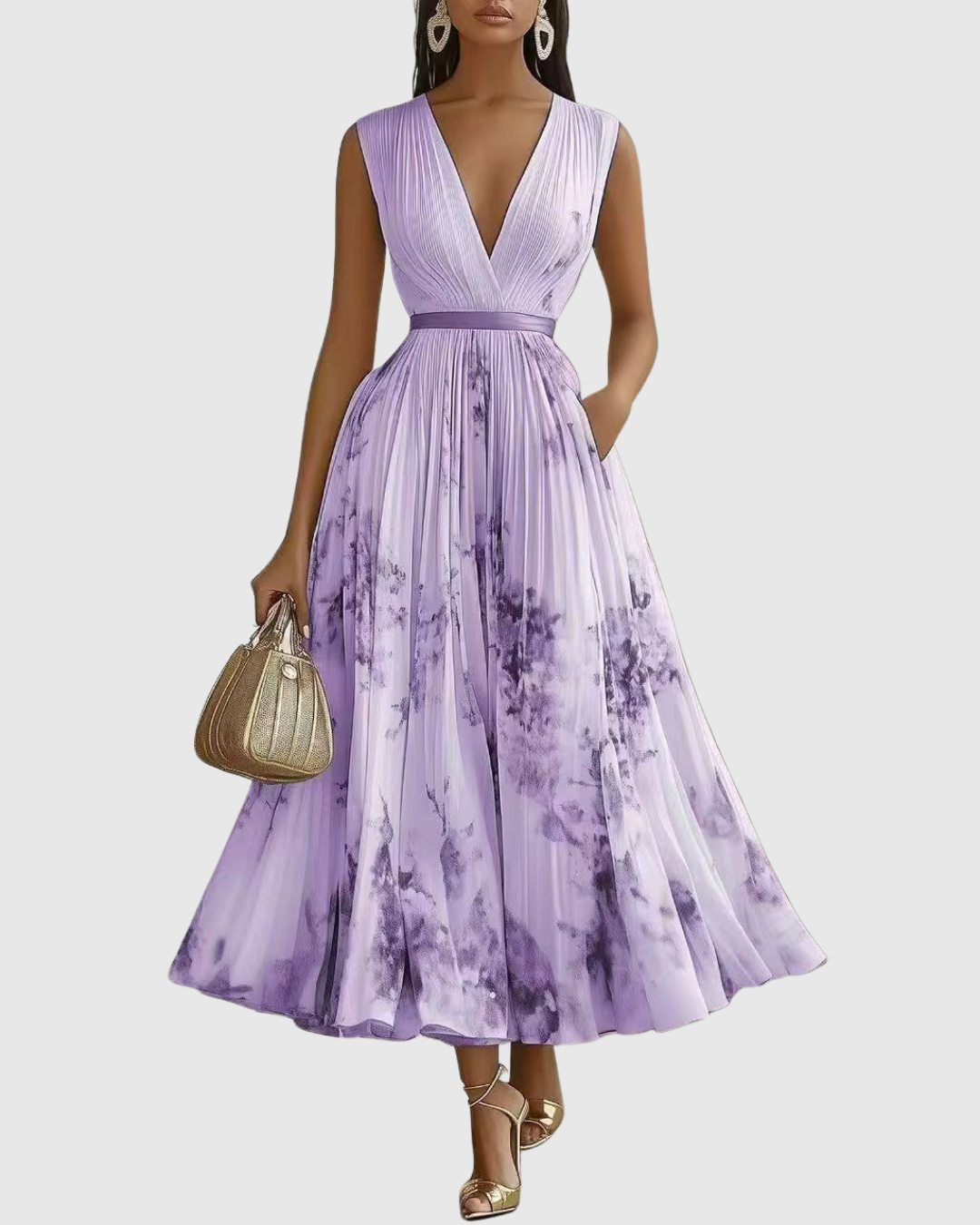 Woman wearing a purple floral dress holding a handbag on a white background