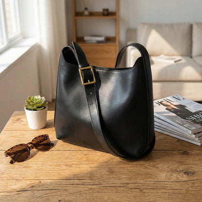 Modern black leather hobo bag with sleek curved silhouette and statement gold buckle styled on a wooden table.
