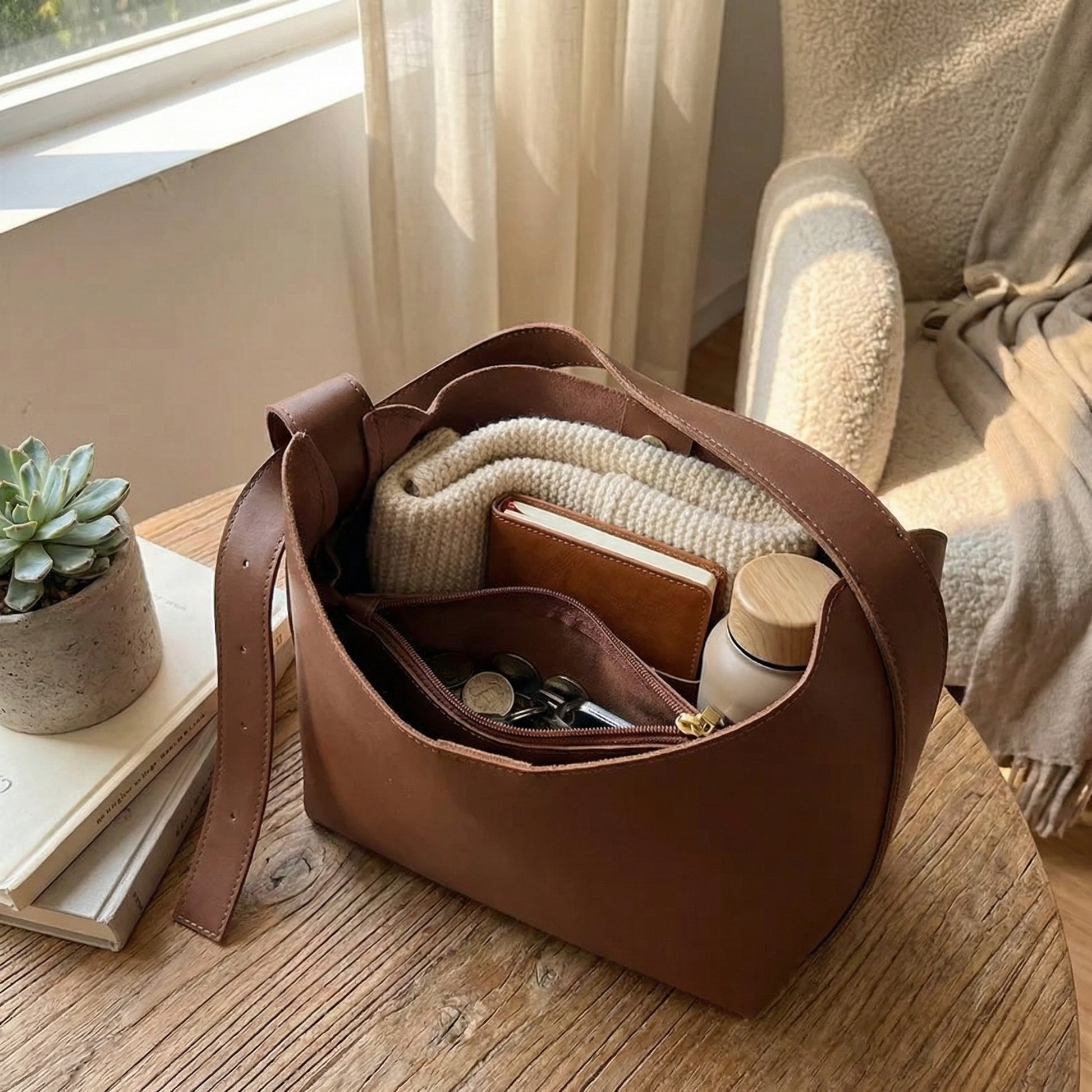 Open brown leather hobo bag with organized interior compartments, showing wallet, notebook, keys and essentials, minimalist shoulder purse styled on wooden table in cozy home setting.