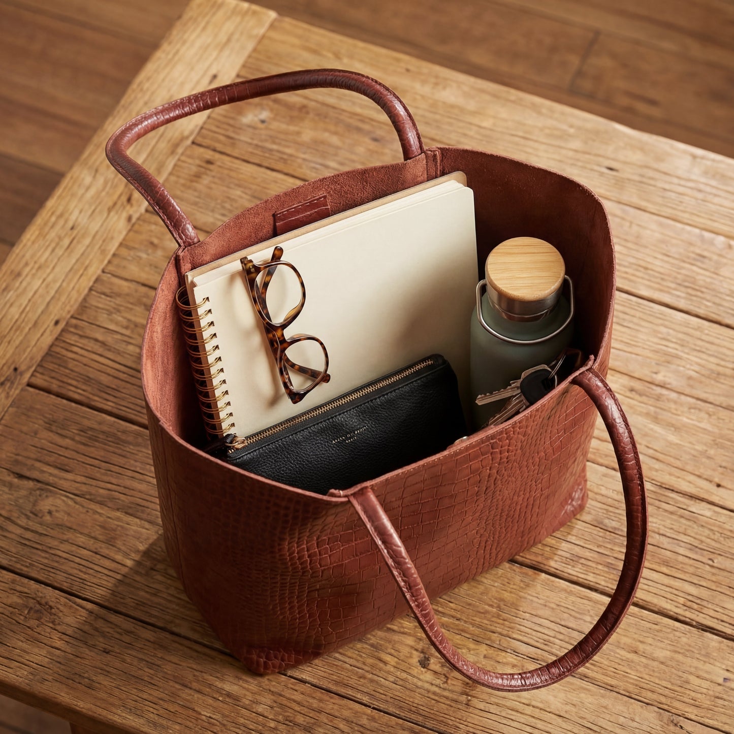 Top view of brown embossed leather tote bag showing organized interior with notebook, glasses, zip wallet, reusable water bottle, and keys on wooden table.
