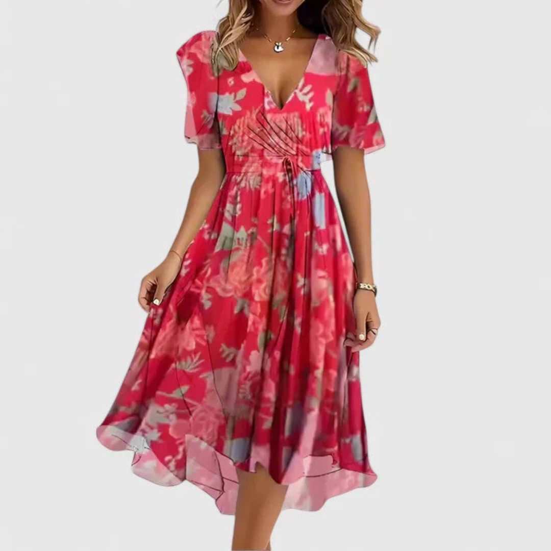 Woman wearing a pink floral dress on a white background