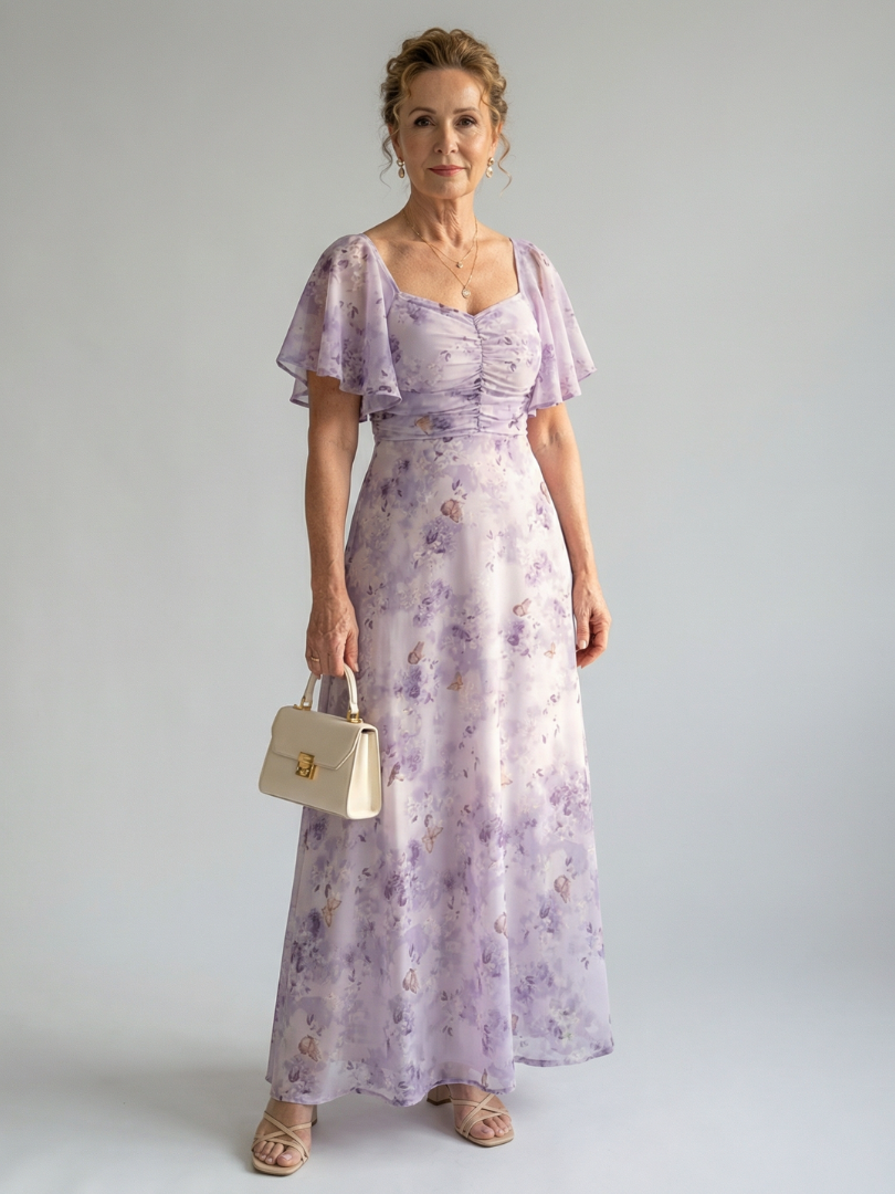 Woman wearing a light purple floral dress holding a beige handbag against a plain background