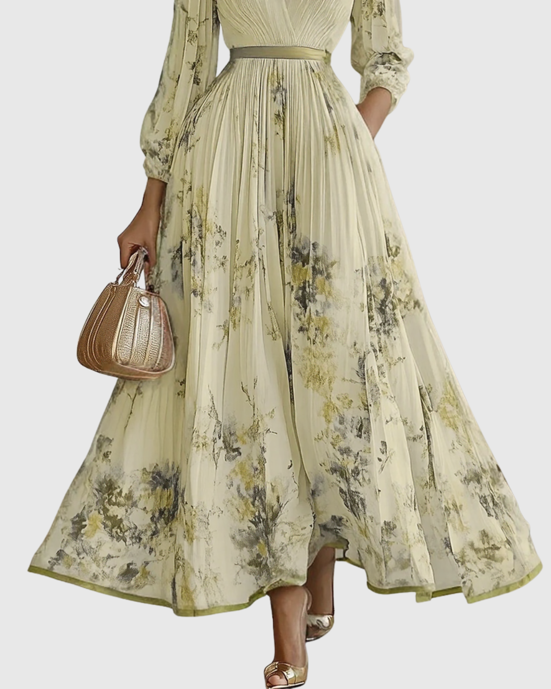 Woman wearing a floral dress holding a handbag on a white background