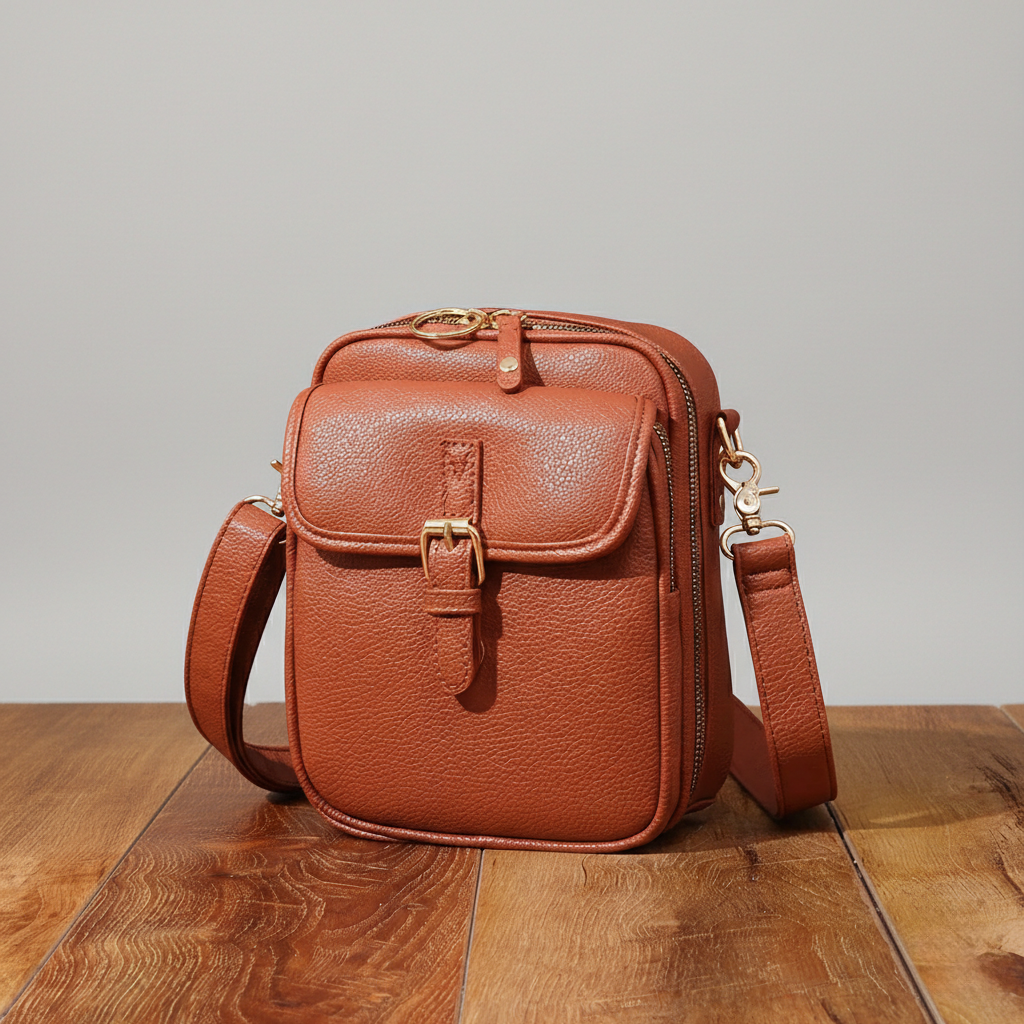 Brown leather crossbody bag on a wooden surface with a neutral background