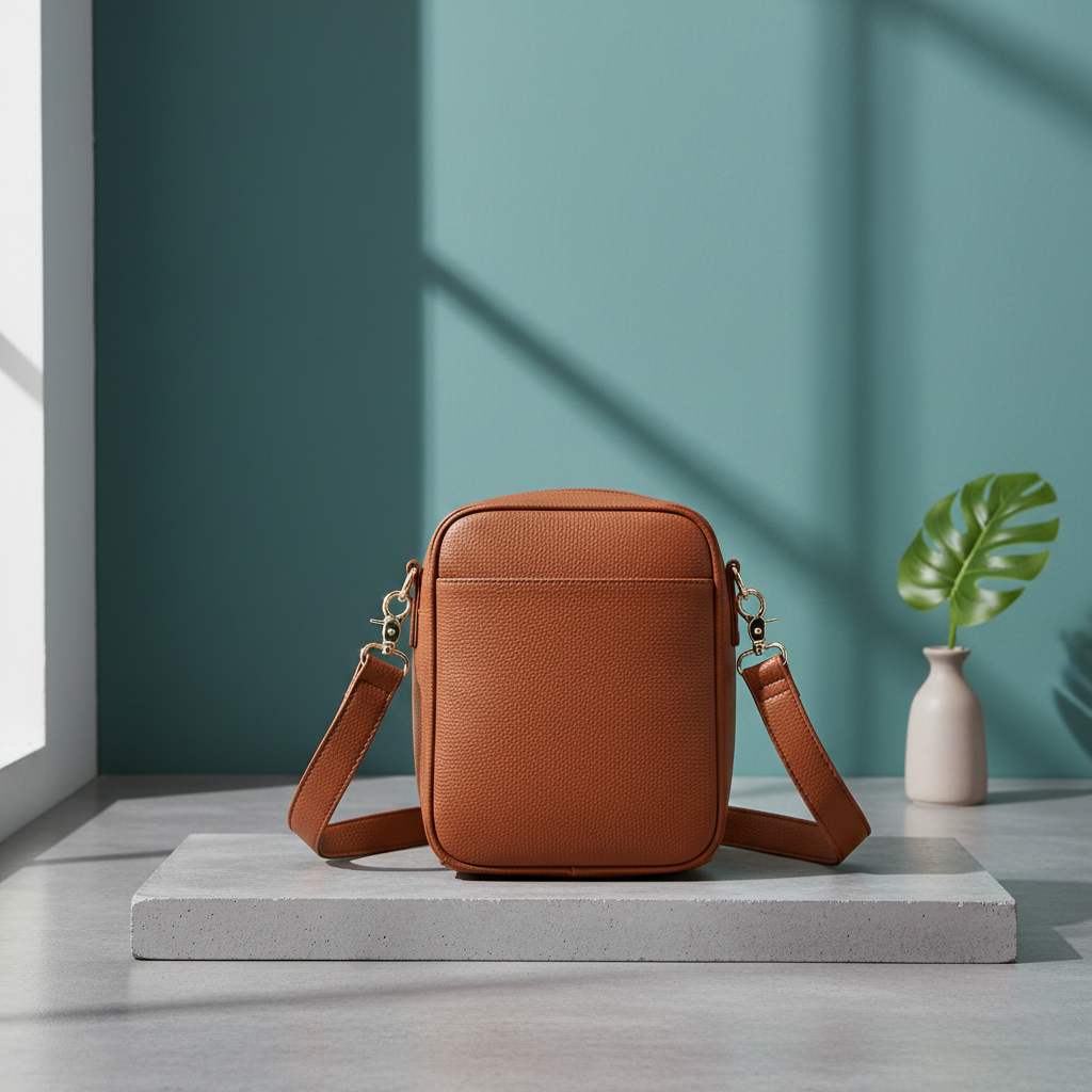 Brown leather crossbody bag on a light gray surface with a teal wall and plant in the background