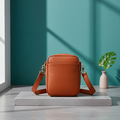 Brown leather crossbody bag on a light gray surface with a teal wall and plant in the background