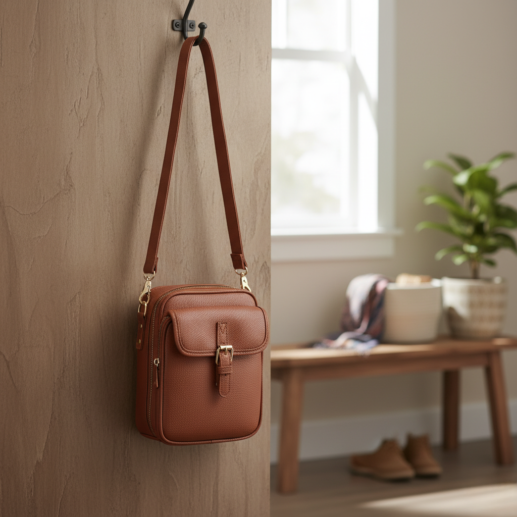Brown leather crossbody bag hanging on a wooden wall with a bench and plant in the background.