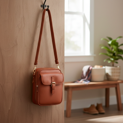 Brown leather crossbody bag hanging on a wooden wall with a bench and plant in the background.