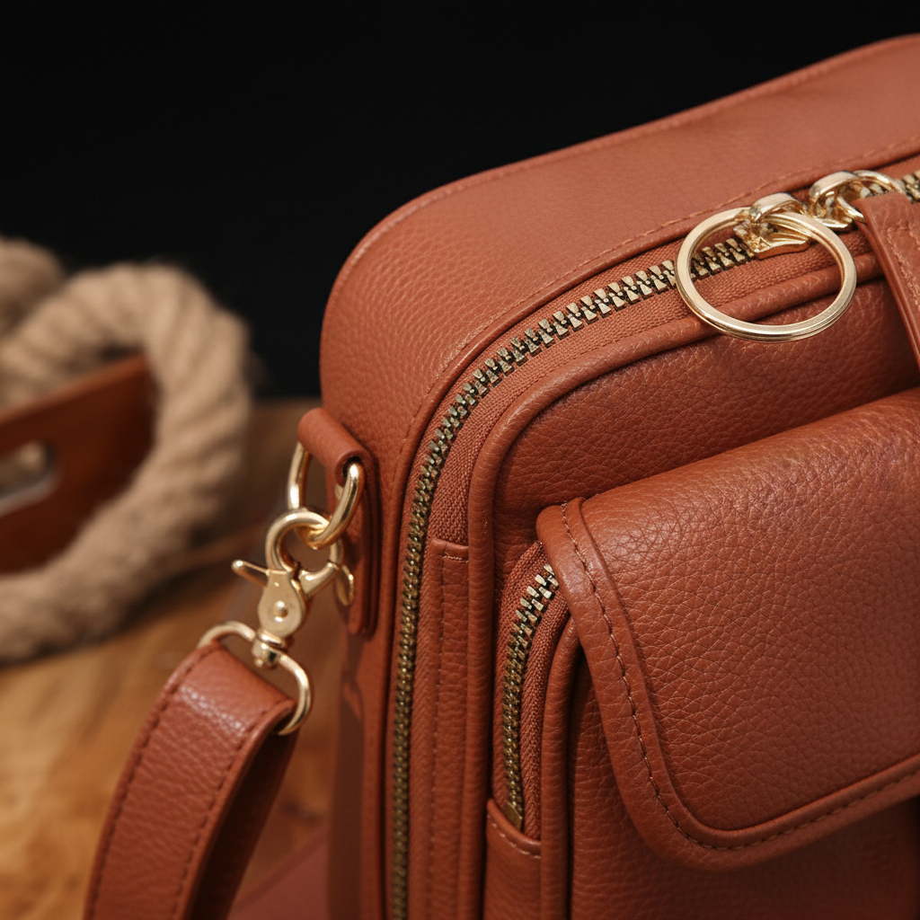 Brown leather handbag with gold zipper pulls on a wooden surface.