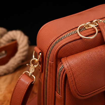 Brown leather handbag with gold zipper pulls on a wooden surface.