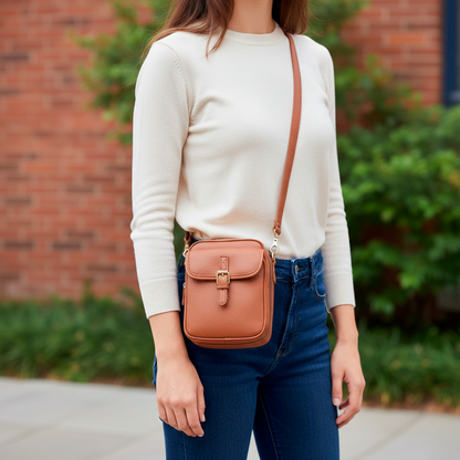 Person wearing a beige sweater and blue jeans with a brown crossbody bag outdoors.