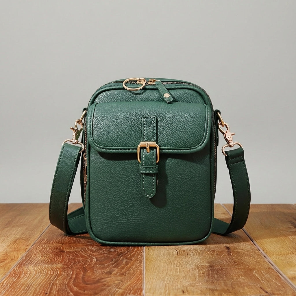 Green leather crossbody bag on a wooden surface with a gray background