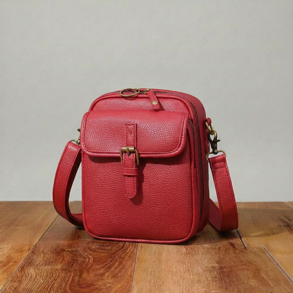 Red leather crossbody bag on a wooden surface with a gray background