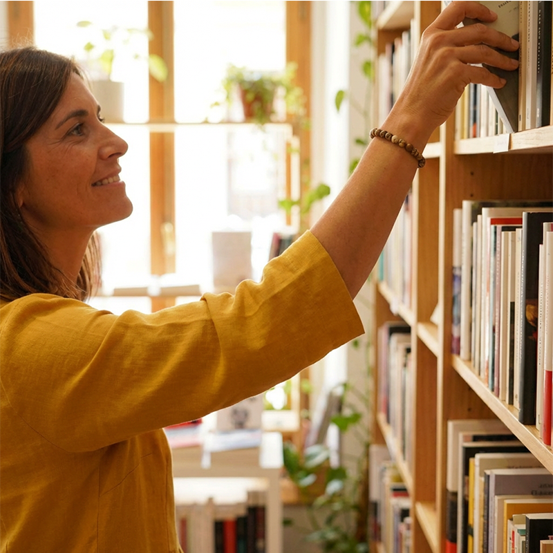Woman in a yellow shirt reaching for a book on a wooden bookshelf.