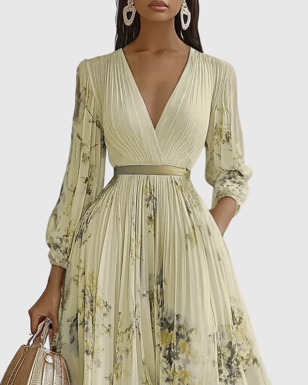 Woman wearing a floral dress with a plain background