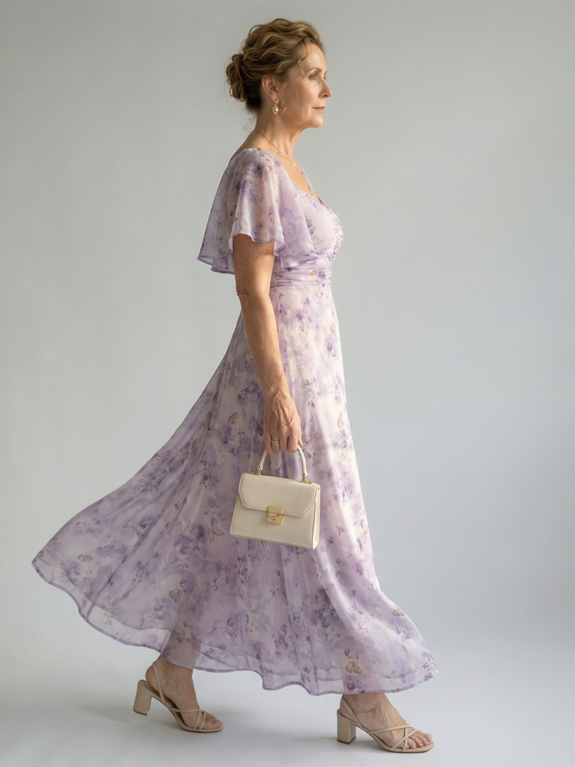 Woman wearing a purple floral dress holding a white handbag against a plain background