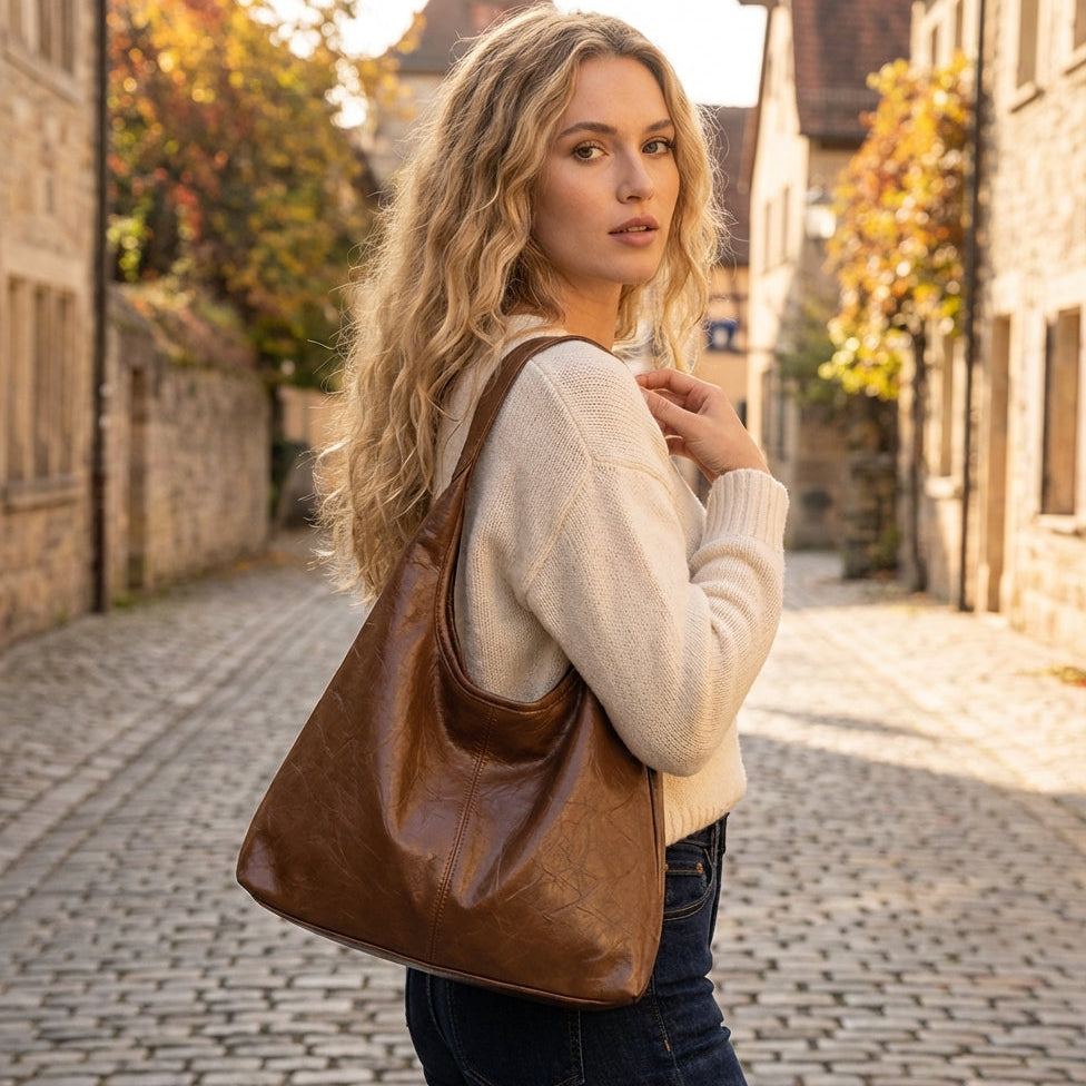 Woman holding a dark brown leather shoulder bag in an old town setting