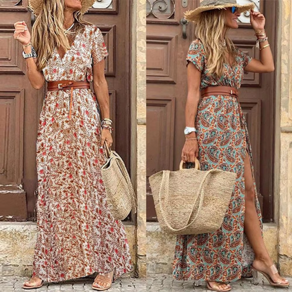 Two women wearing floral dresses with straw bags in front of a wooden door.