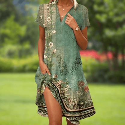 Woman wearing a green floral dress with a blurred garden background