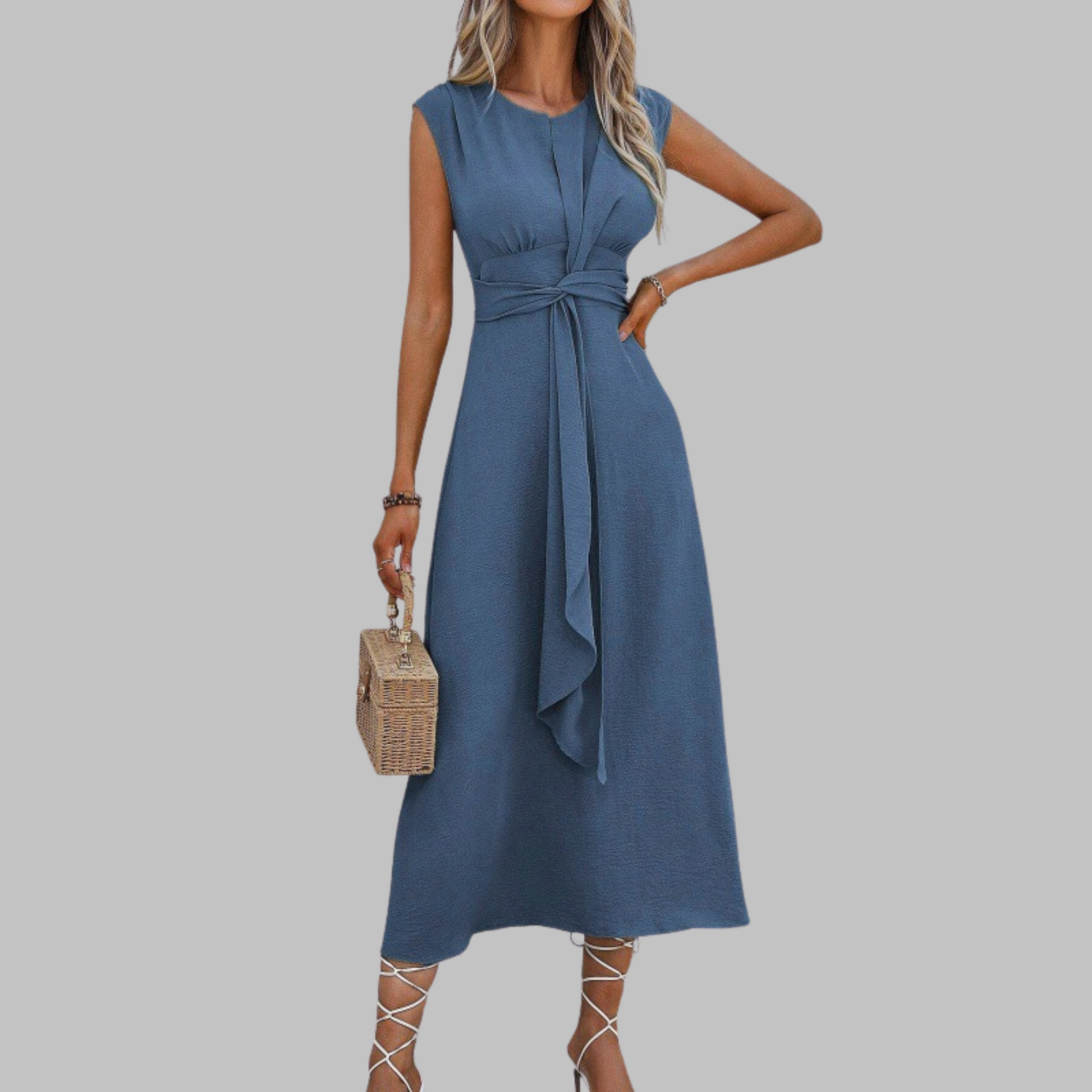 Woman wearing a blue dress with a plain background