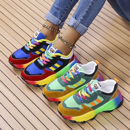 Colorful sneakers on a wooden floor