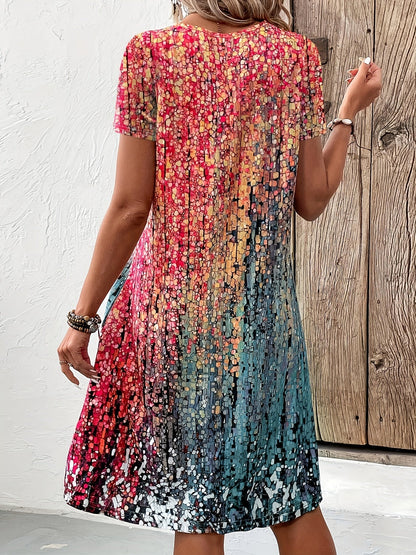 Woman wearing a colorful patterned dress against a wooden and white wall.