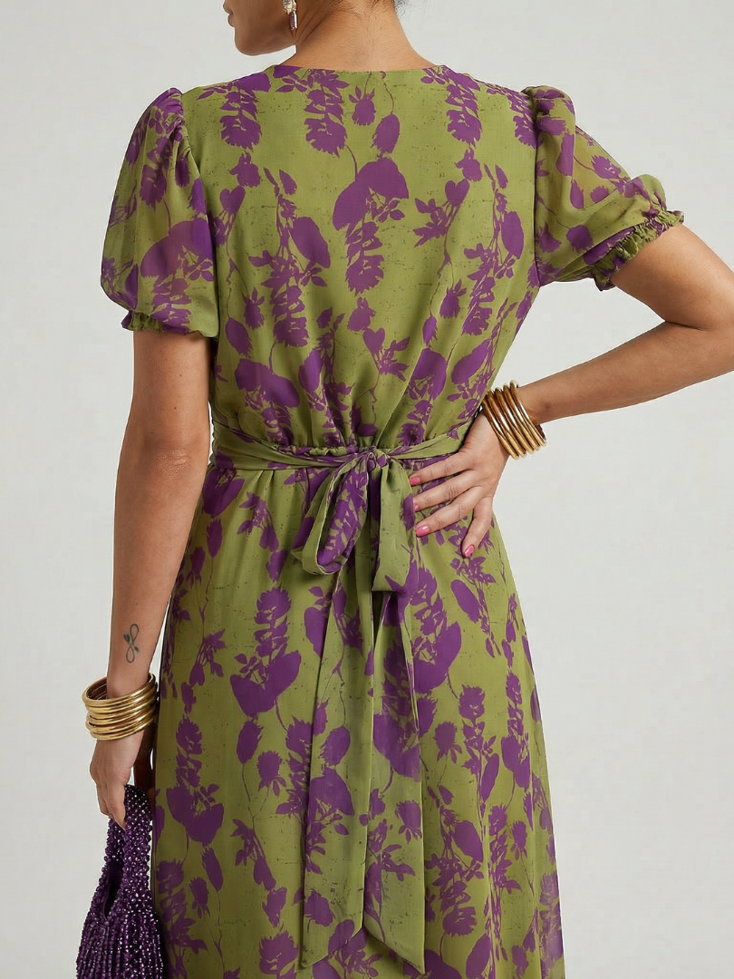 Green and purple floral dress worn by a person on a white background