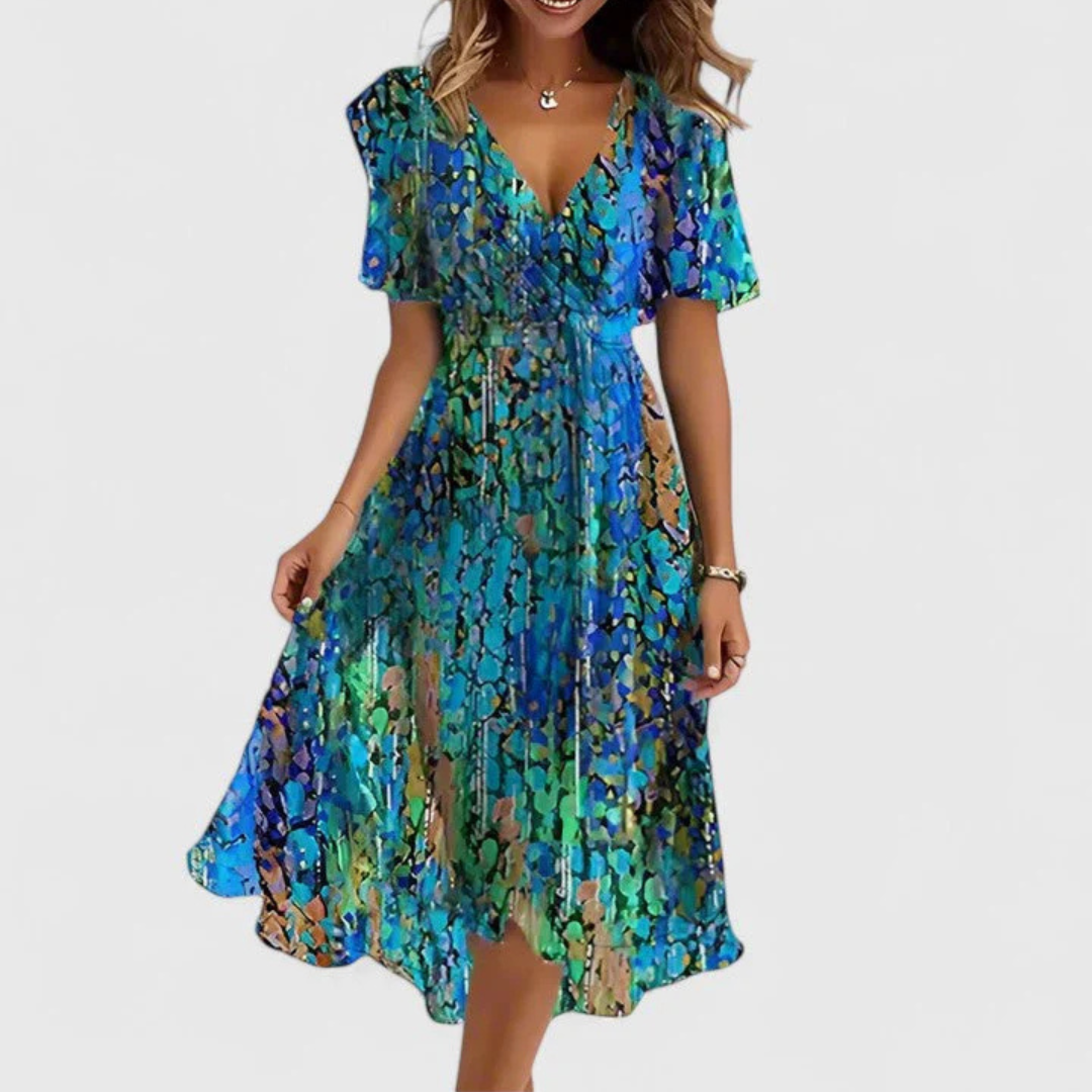 Woman wearing a blue floral dress on a white background