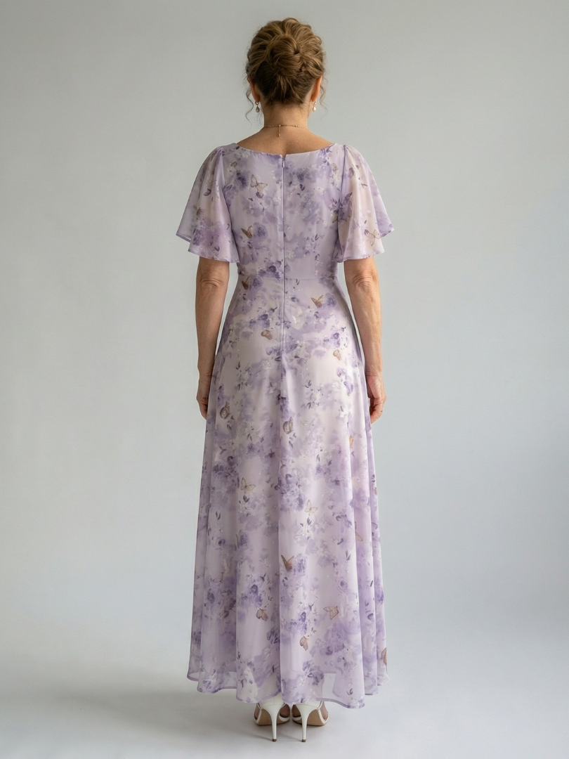 Woman wearing a floral dress with short sleeves on a plain background