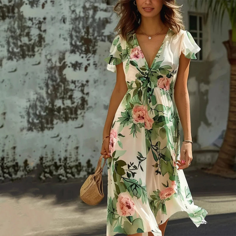 Woman wearing a floral dress with a textured wall background