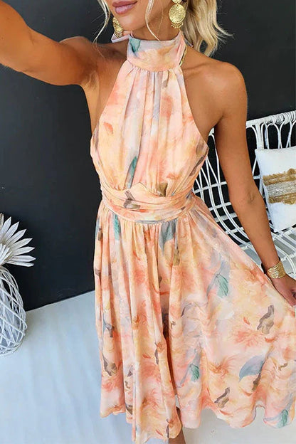 Woman wearing a floral dress with a blurred background