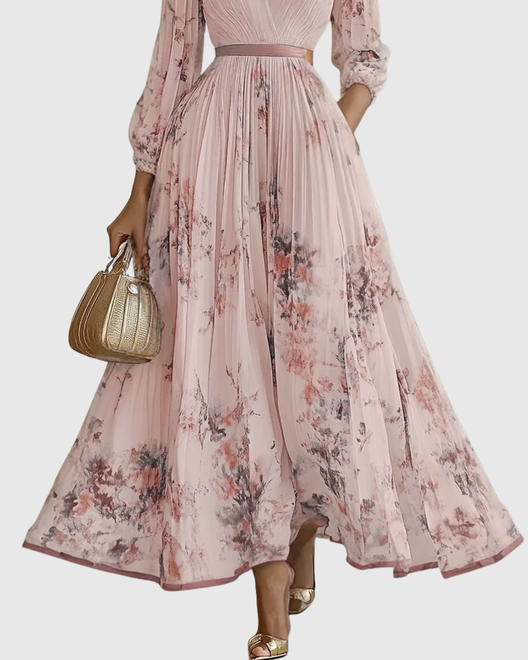 Woman wearing a pink floral dress holding a gold handbag on a white background