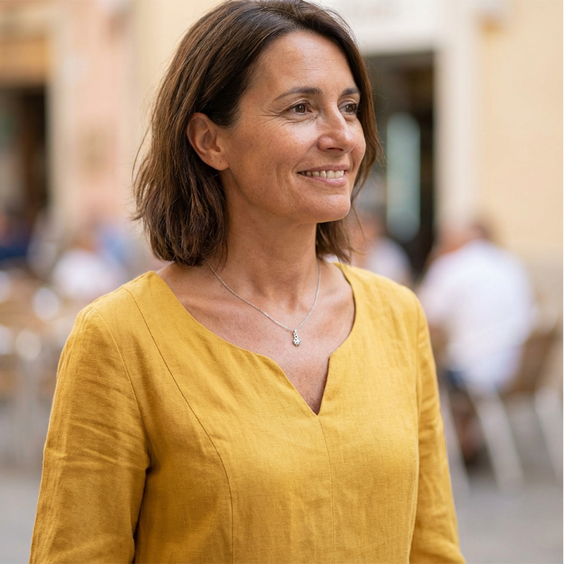 Woman wearing a yellow top with a blurred background