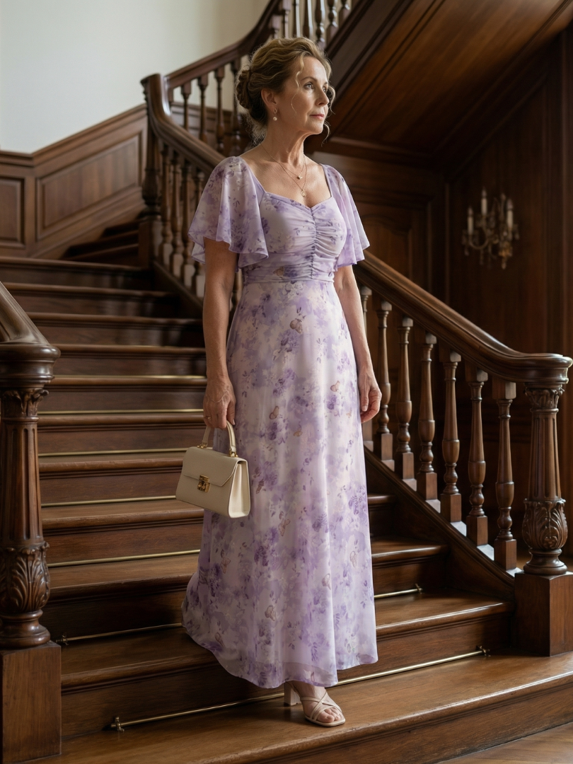Woman in a floral dress standing on a wooden staircase