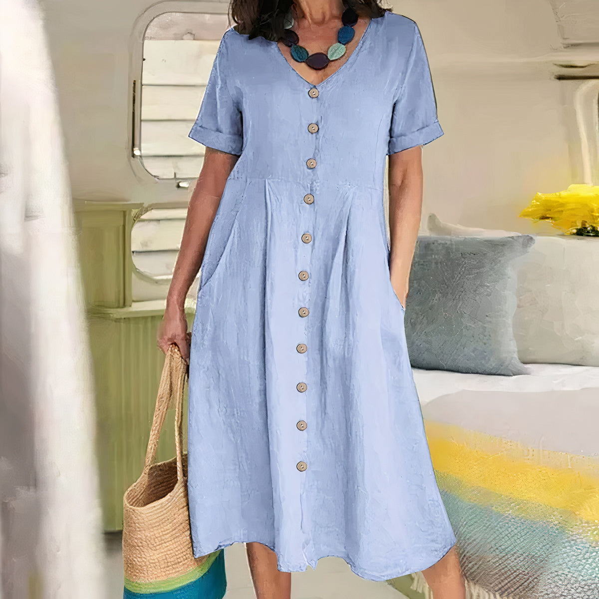 Woman wearing a blue dress with buttons, holding a straw bag in an indoor setting.