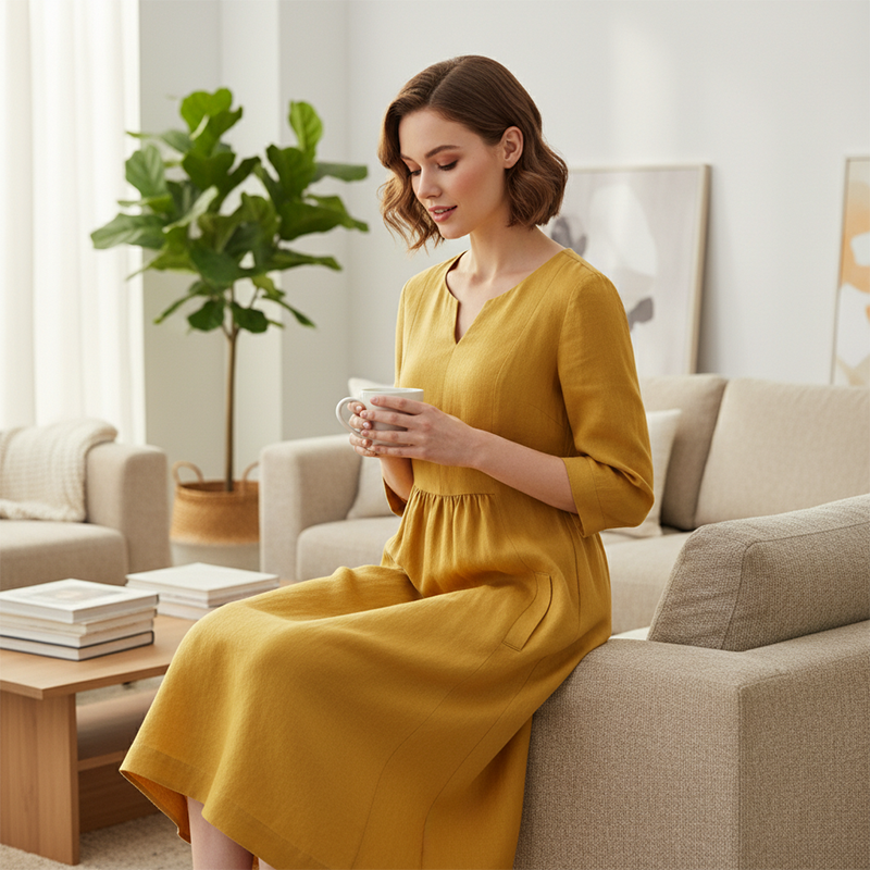 Woman in a yellow dress sitting on a couch holding a cup in a living room.
