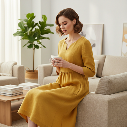 Woman in a yellow dress sitting on a couch holding a cup in a living room.